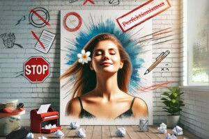 Perfektionismus überwinden: viel zerknülltes Papier und eine entspannte Frau